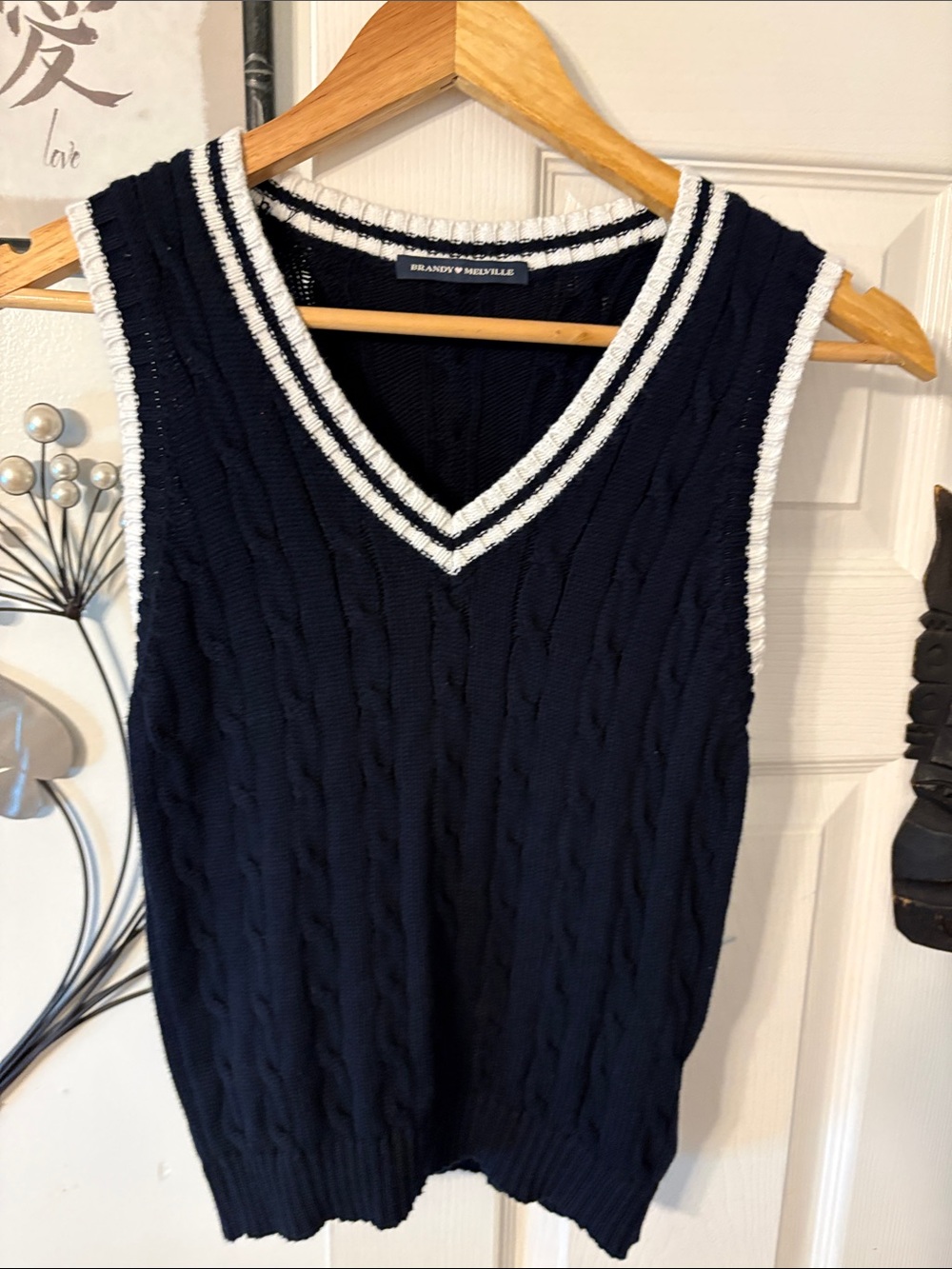 Brandy Melville Navy V‑Neck Cable Knit Sweater Vest with White Trim